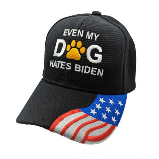 Even My Dog Hates Biden Embroidered Hat w/Flag Bill (Black)