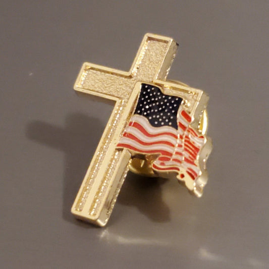 American Flag with Gold Cross Enamel Lapel Pin